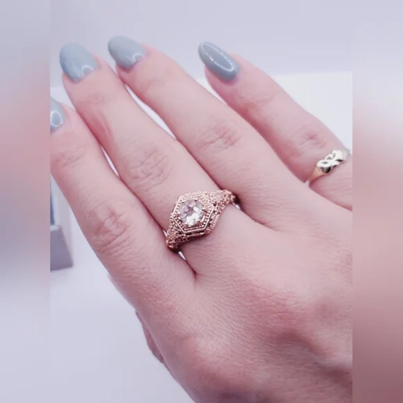 Genuine Round Morganite 14k Rose Gold - 925 Sterling Silver Filigree Floral Ring - Picture 4 of 8